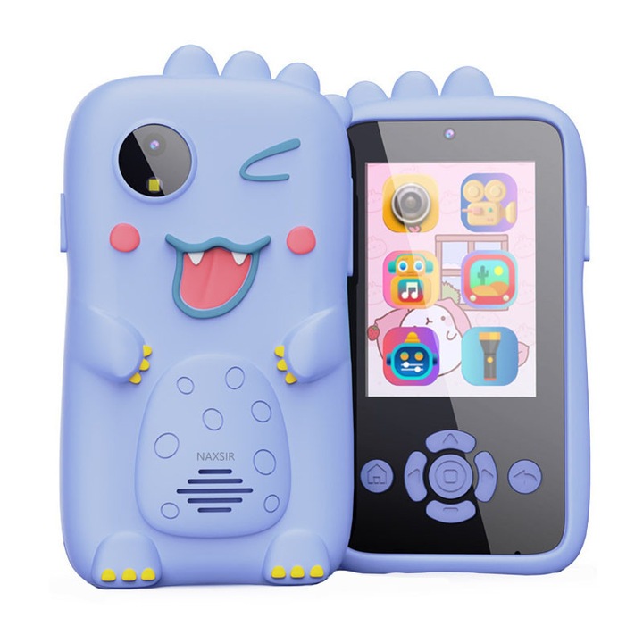 Детски телефон с камера NAXSIR, 2.4" IPS, 32GB SD карта, двойна камера 48MP, 4x увеличение, LED светкавица, игри, музика, силиконов калъф, устойчив на падане, син