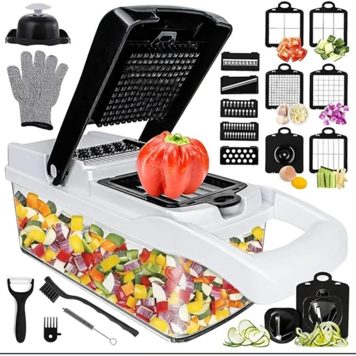 Tocator de legume 26 in 1, SINBINTA, Feliator multifunctional, Accesorii pentru bucatarie, taiat, tocat, maruntit, feliat, julienne, Lame de inox, Manusi, Foarte rezistent, Pentru fructe, legume si branzeturi, 32 x 11 x 10 cm, Alb