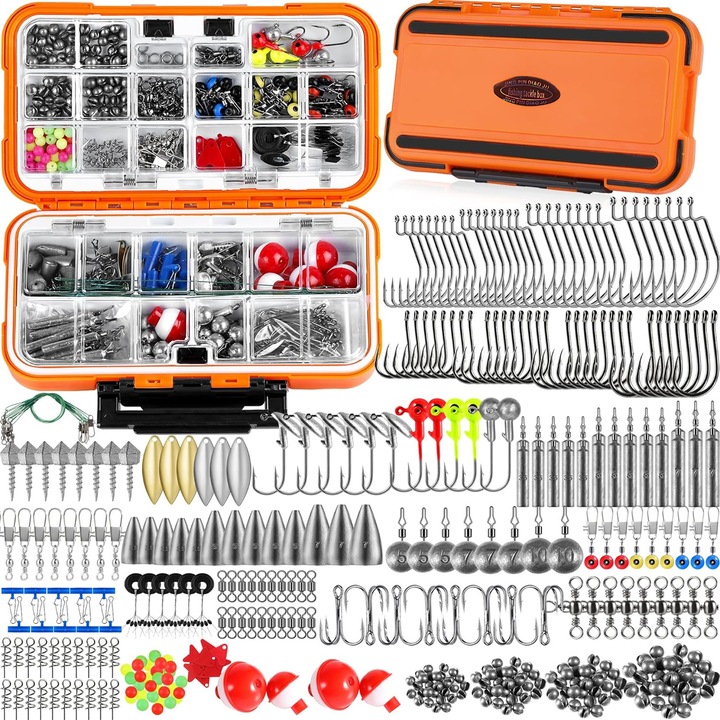 Set 343 piese accesorii pescuit, carlige jig, greutati, cutie organizatoare