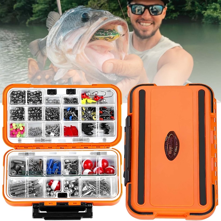 Комплект от 343 риболовни аксесоара, джигове и куки за риболов, тежести и части за риболовни монтажи, отделена и херметически затворена кутия за съхранение, за шаран, пъстърва, щука в сладка или солена вода.