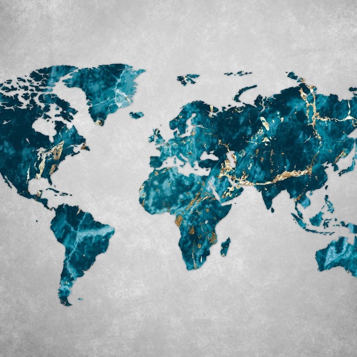 Премиум картина върху платно, LuxCanva® L1012, Сапфирен атлас, 60 X 120 см, 100% памучно платно 400 г/м2, дървена рамка, карта, синьо, мрамор, златисто, изкуство, география, офис, хол, детска стая