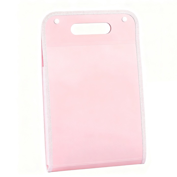 Mapa acordeon verticala A4 cu 13 compartimente, PP semi-transparent, cu maner, pentru birou, scoala si acasa, 1 bucata, roz