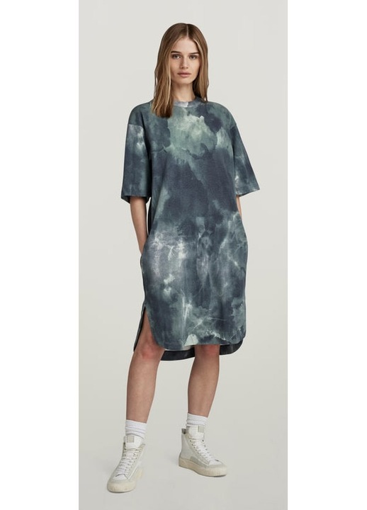 G-Star RAW Rochie dama Boxy U Tee Indigo cu imprimeu Watercolor – casual, lejera, albastru vintage, XS