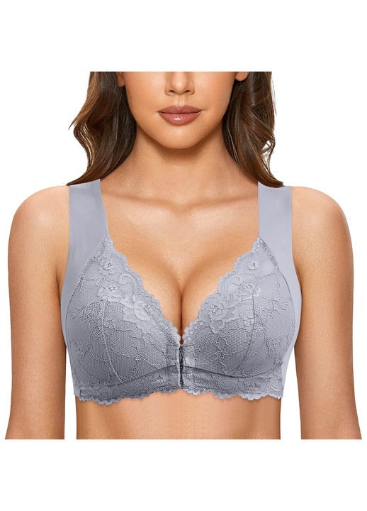 Sutien cu deschidere frontala dama, sutien dantela, fara suport, Gri