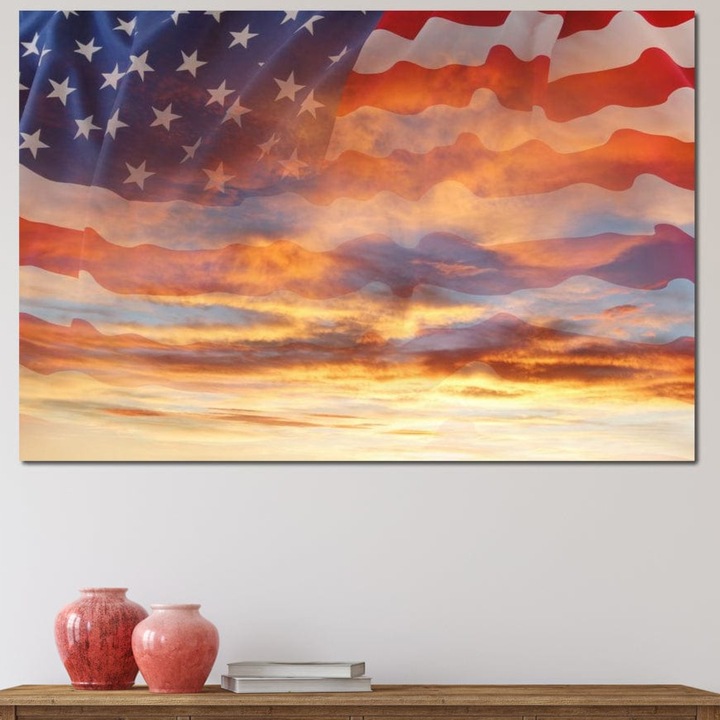 Tablou Canvas Premium, LuxCanva® L1018, Apus American, 60 X 90 CM, Panza Bumbac 100% 400g/m2, Sasiu Lemn, Apus, Cer, Nori, Steag, America, Lumina, Peisaj, Simbol, Natiune, Birou, Living, Camera Copii