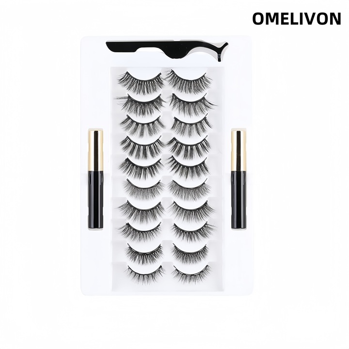 Omelivon Mágneses szempilla, Természetes, 10 pár újrahasználható műszempilla, 2 tubus folyékony szemceruzával és csipesszel