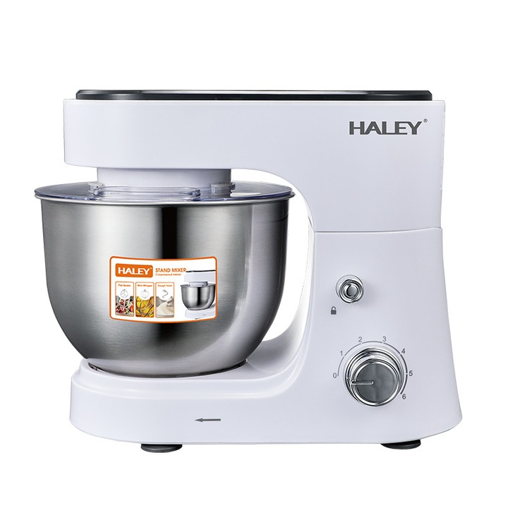Mixer cu bol inox, HALEY, 1200W, 6L, 6 viteze, alb/argintiu, silentios