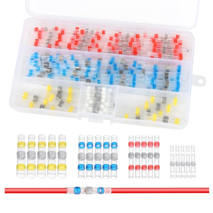 Set 150 Conectori Electrici Termocontractibili Profesionali - Rezistenti la Apa, Tuburi Termocontractabile cu Fludor, Lipire si Etansare, cu Cutie de Transport, Vanaxalife®, Multicolor