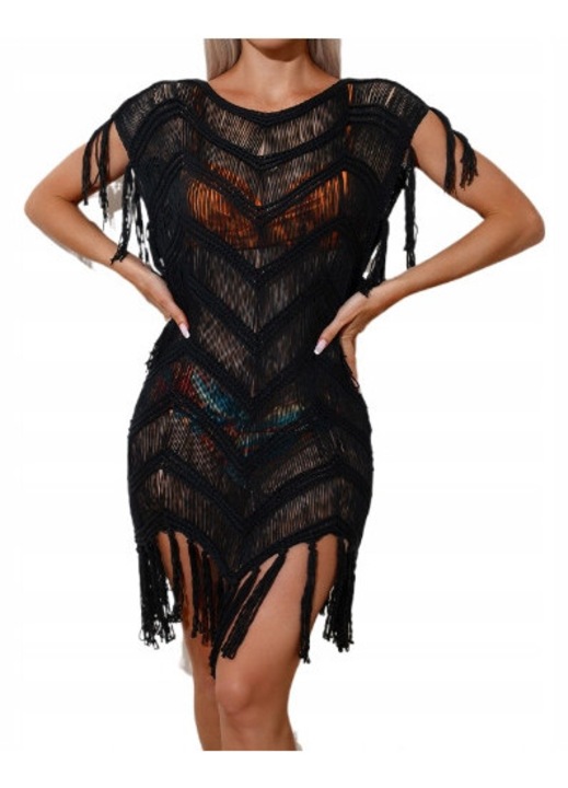 Tunika, Bohém, S-86, Univerzális, 76 cm, 100 cm, 77 cm, Fekete, Anyag, Átlátszó