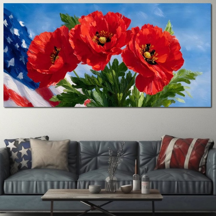 Tablou Canvas Premium, LuxCanva® L1019, Patrie in Petale, 70 X 140 CM, Panza Bumbac 100% 400g/m2, Sasiu Lemn, Flori, Maci, Petale, Steag, Omagiu, America, Simbol, Natura, Birou, Living, Camera Copii