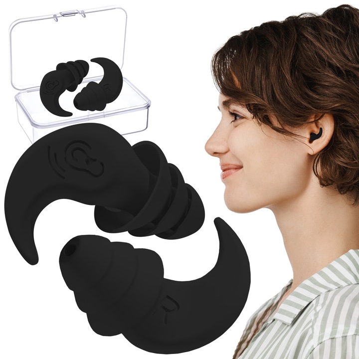 Dopuri de urechi Renew Force, Protectii Auditive Silentioase din Silicon pentru Somn si Calatorii, Negru, flexibile, utilizare universala SILEN-SPK