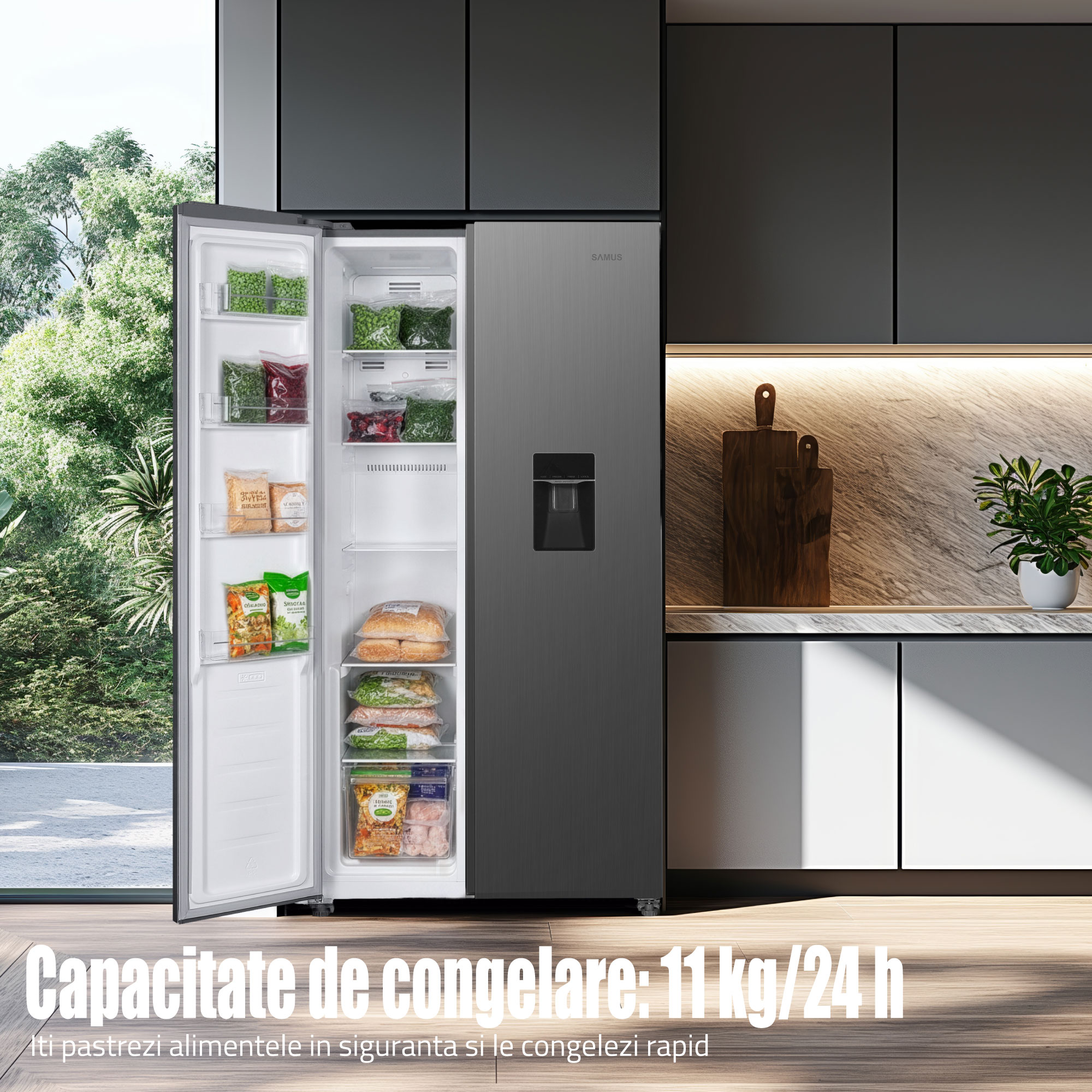 Side by Side Samus SSX-558NFDE, 439 l, Full No Frost, Dozator apa