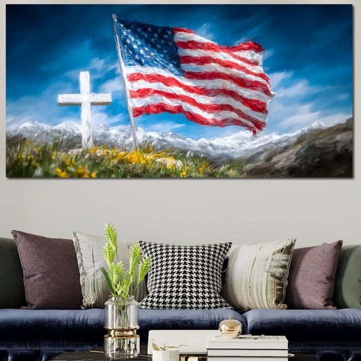 Tablou Canvas Premium, LuxCanva® L1020, Steagul Gloriei, 60 X 120 CM, Panza Bumbac 100% 400g/m2, Sasiu Lemn, Munti, Cer, Peisaj, Natura, Steag, America, Eroi, Simbol, Birou, Living, Camera Copii