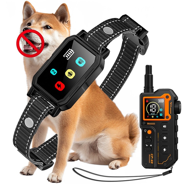 Zgarda Electrica pentru Dresaj Caini, 3 moduri (sunet, vibratii, soc), standby 1 luna, distanta de control de 800 m, telecomanda cu lanterna, rezistenta la apa, pentru caini cu greutate intre 4,5 kg si 54,5 kg