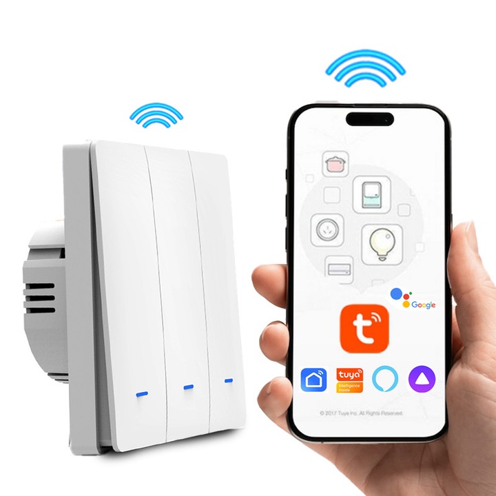 Intelligens kapcsoló, Érintőkapcsoló, 3F, Időzítés, WIF 2.4Ghz, Tuya Smart Life, kompatibilis Amazon Alexa/Google Assistant, LED, fehér