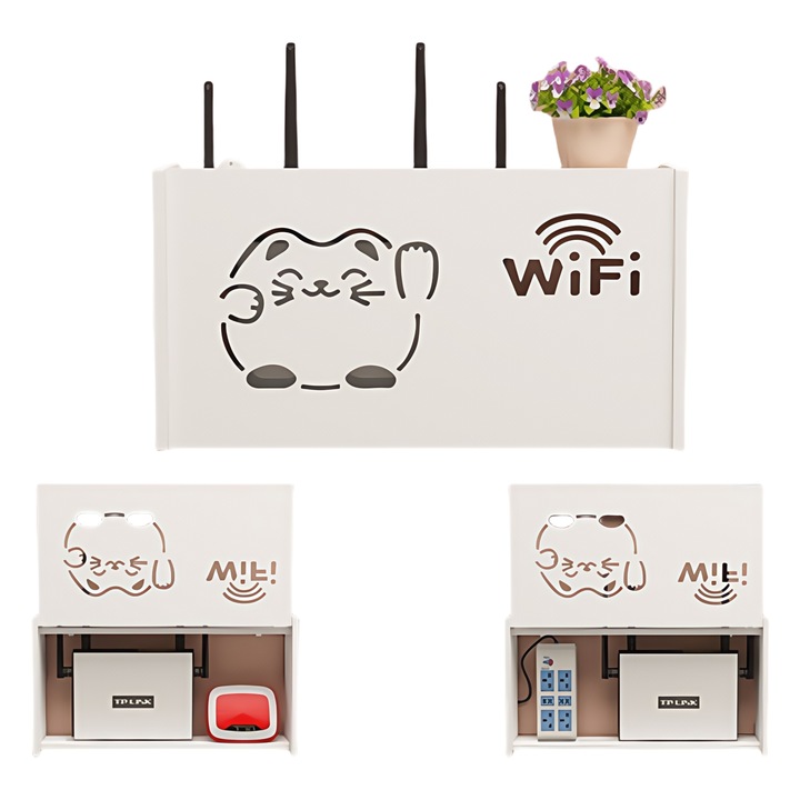 Vezeték nélküli router tartó, router tárolópolc kábelek és WI-FI eszközök elrejtéséhez, falra szerelhető, fehér, 38x20x8,5cm
