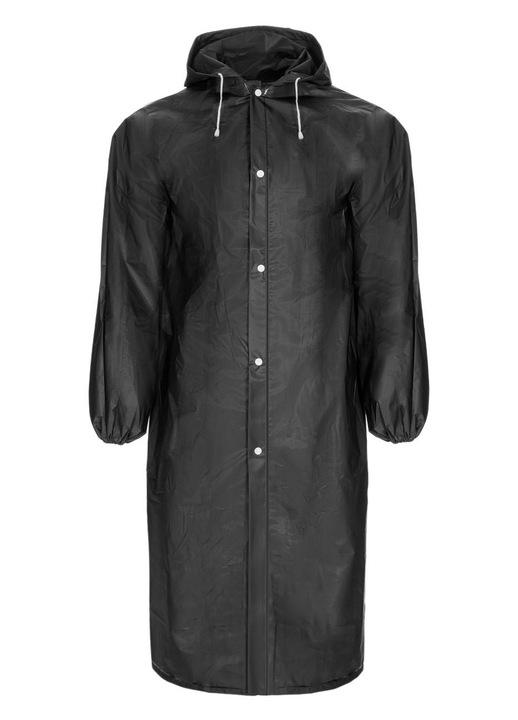 Fekete, vízálló esőkabát gombokkal és húzózsinórral a kapucniján, egy méret