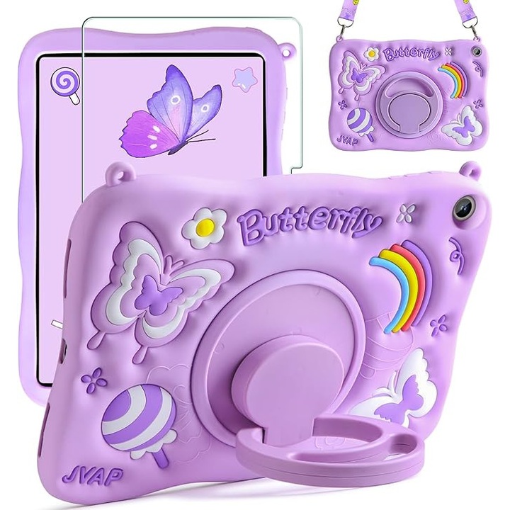 Калъф, съвместим с iPad 11/10, 9 инча, 11/10-то поколение, 2025/2022, с протектор за екран. Въртяща се на 360° стойка, презрамка, силикон, модел пеперуда, лилав