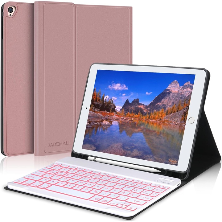 Husa compatibila cu iPad 10.2 inch / i Pad 10.5, cu tastatura, inchidere magnet, piele PU roz