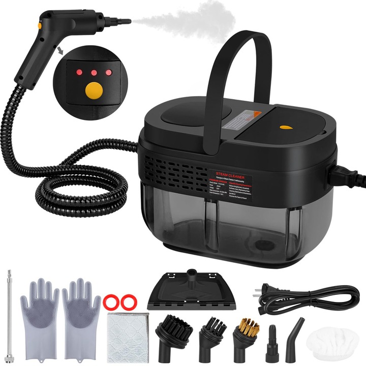 Aparat de curatat cu abur, WALALLA, maner reglabil pe 3 niveluri, incalzire 15s, 1,6L pentru curatarea masinii, baii, dusului, tapiteriei, rosturilor, geamurilor, murdariei, grasimii, negru