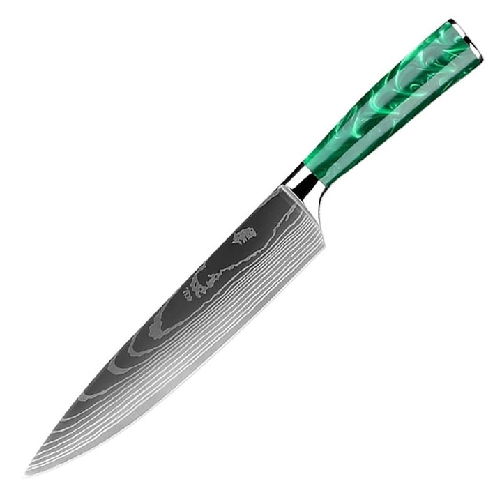 Cutit de legume, Cleaver de carne, cutit de bucatarie profesional de 8 inci, otel inoxidabil german cu continut ridicat de carbon, cutit ultra ascutit cu aspect elegant Damasc, cutit de bucatar，verde