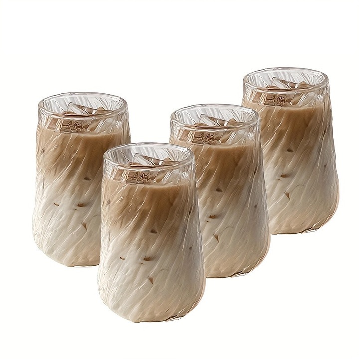 Set 4 pahare din sticla borosilicata, WALALLA, 400ml, design cu dungi rotative, pentru cocktailuri, lapte, suc, Ice Latte, 6.5x12cm