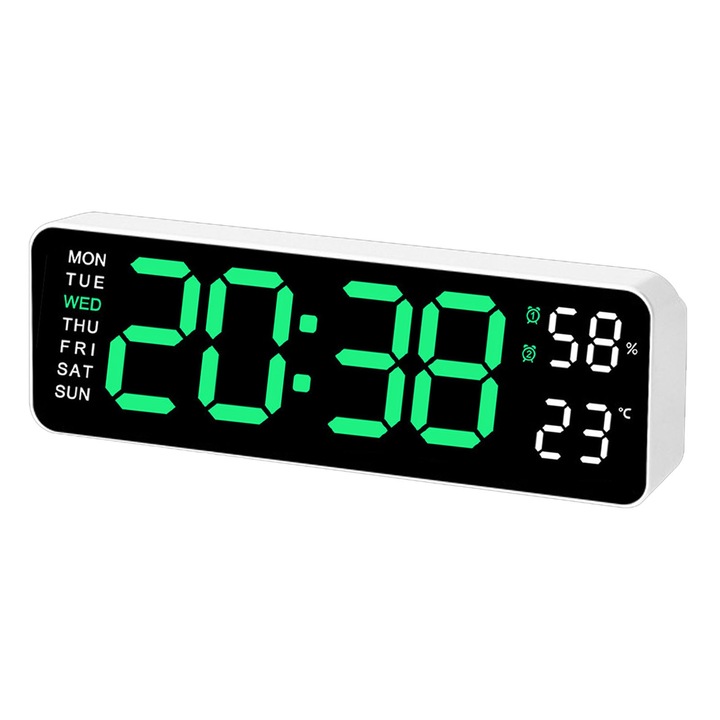 Дигитален стенен часовник ZGGZERG, с LED светлина, 12/24 часа, Голям 9-инчов екран, 3 регулируеми нива на яркост, Температура, Влажност, Автоматично затъмняване, Календар, Функция фотоклетка, Snooze/Памет, за спалня, деца, възрастни хора, Бял