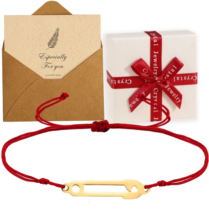 Bratara pentru copii Ac de siguranta, Lucrata manual, Textil/Aur 18K, Rosu/Auriu