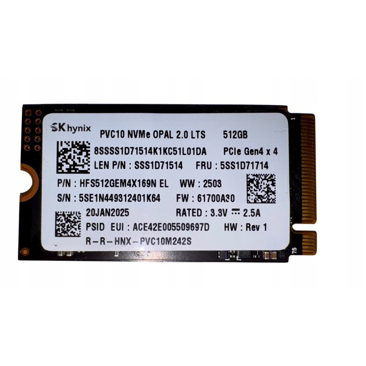 SSD Hynix, 512GB M.2 NVMe PCIe, PVC10, ultra high-speed, Gen 4, SSD HFS512GEM4X182N, 5000 /3200 MB/s, format 2242, bulk