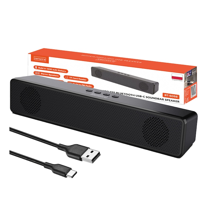 Soundbar, Zenwire, BT-S058, PC hangszóró, AUX-USB 3.0/2.0, 18W, Jack 3,5mm, Számítógépes Bluetooth, 1200 mAh akkumulátor, RadioFM, Frekvenciaválasz 120Hz-20kHz, Kompatibilis Windows/IOS/Android/Linux