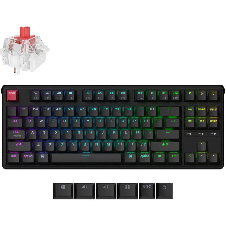 Механична клавиатура Keychron C3 PRO 8K с кабел, Червени механични суичове, Tenkeyless дизайн, QMK/VIA поддръжка, Кабел тип-A към тип-C, Черен