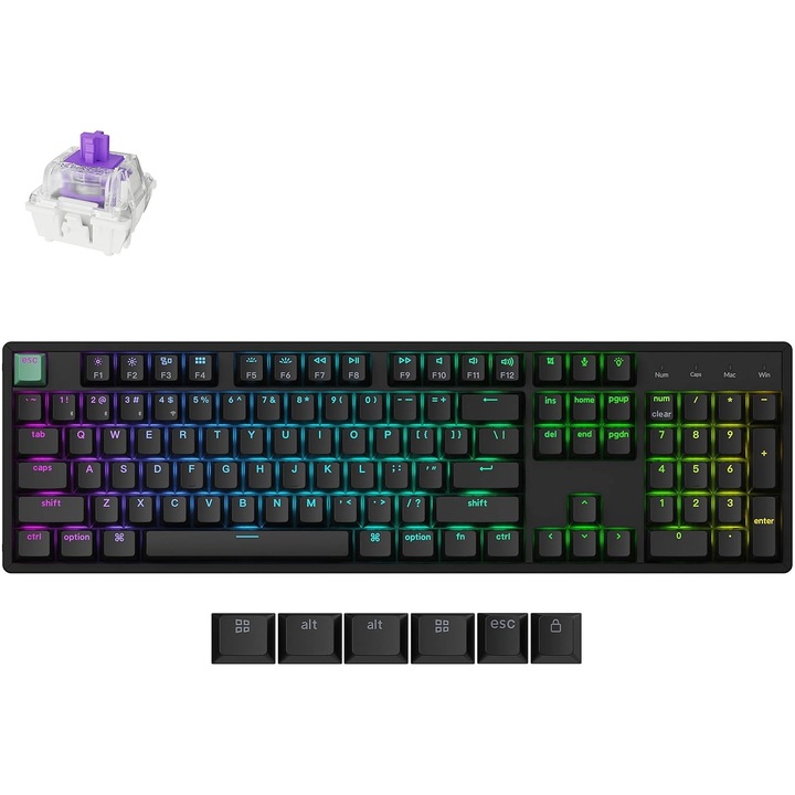 Tastatura gaming wireless Keychron K10 HE Standard Edition, Tri-Mode 2.4GHz/Bluetooth/Type-C, switch-uri magnetice Gateron Double Rail, senzori TMR, RGB, Keychron Web Launcher, layout US 100%, macOS/Windows/Linux, negru