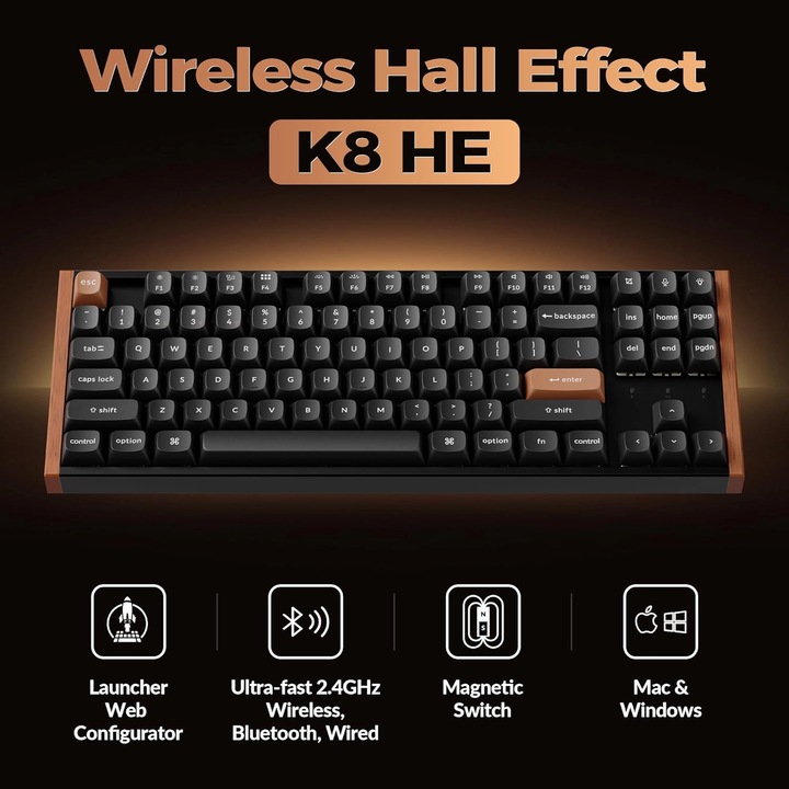 Безжична механична клавиатура Keychron K8 HE, 2.4GHz/Bluetooth, Механични превключватели Gateron Double Rail, RGB LED, Алуминий-дърво, Специално издание, Черен