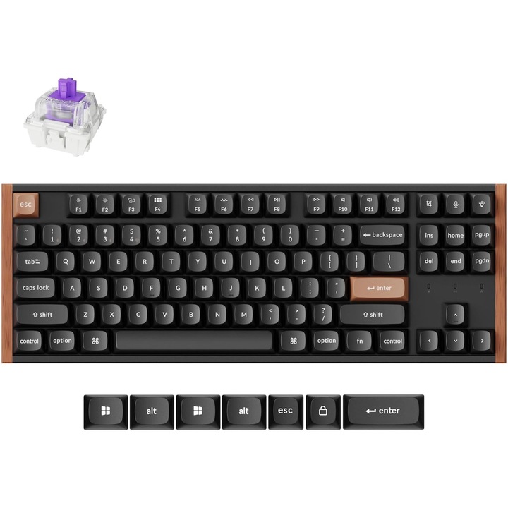 Безжична механична клавиатура Keychron K8 HE, 2.4GHz/Bluetooth, Механични превключватели Gateron Double Rail, RGB LED, Алуминий-дърво, Специално издание, Черен
