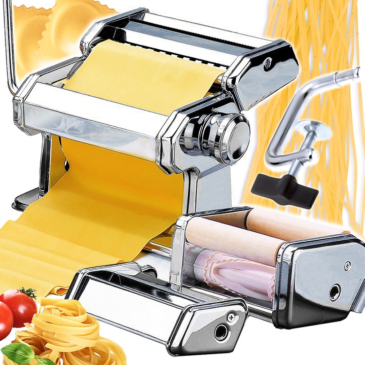 3 az 1-ben tésztakészítő, RENEW FORCE, Spagetti, Lasagne, Linguine, Ravioli tartozék, Rozsdamentes acél, Tartós, Stabil konstrukció, Tökéletes a szakácsoknak, 9 különböző szélesség, 20x13x15,5 cm, Ezüst, PAS-1+