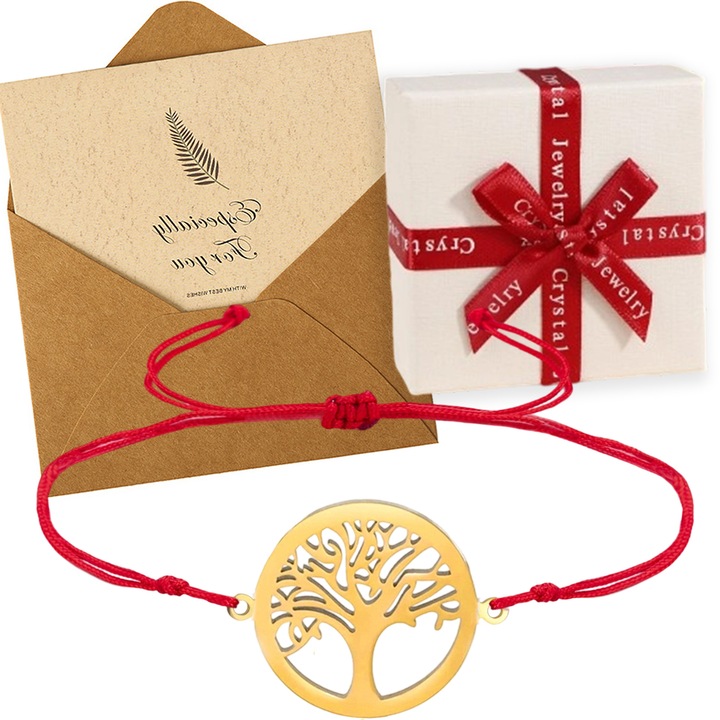 Gyermek karkötő, Életfa, Kézzel készített, Textil/18K arany, Piros/Arany