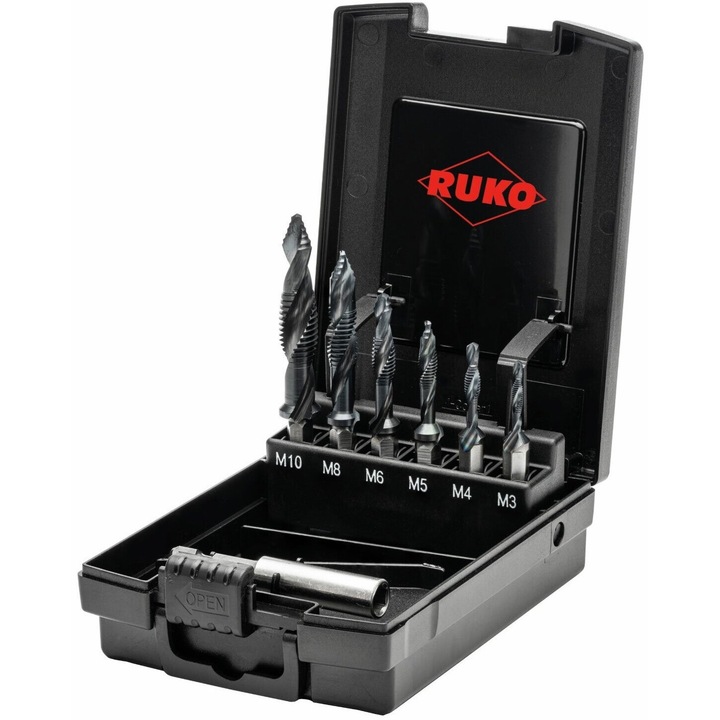 Комплект от 6 метчика, диаметър M3, M4, M5, M6, M8, M10, изработени от високоскоростна стомана, за метал, алуминий, месинг, бронз, пластмаса, чугун, стъпаловиден връх за прецизно центриране, захващане на бит, Ruko ULTIMATECUT RUnaTEC 7