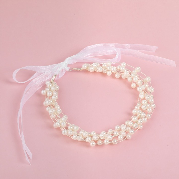 Coronita Par Mireasa Margele Albe Panglica Accesoriu Coafura Nunta Burlacite Domnisoare Onoare