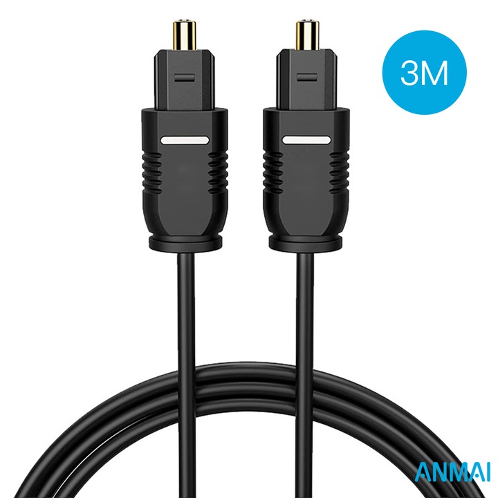Cablu optic audio digital, S/PDIF, Anmai, Transmisie stabila a semnalului, Anti-interferenta, Compatibil cu Spdif, Optica, Toslink, Durabil, Pentru echipamente audio, TV, DVD, Metal/PVC/ABS, 3m, Negru
