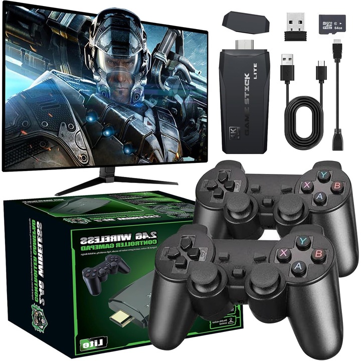 Consola jocuri video retro, Suness, 4K HDMI, 20000+ jocuri, 2 controlere wireless 2.4G, cu 9 Emulatoare Clasice, 64GB, Negru, Plug si Play, Pentru TV, Proiector, Monitor