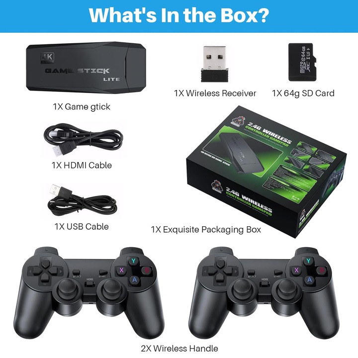 Consola jocuri video retro, Suness, 4K HDMI, 20000+ jocuri, 2 controlere wireless 2.4G, cu 9 Emulatoare Clasice, 64GB, Negru, Plug si Play, Pentru TV, Proiector, Monitor