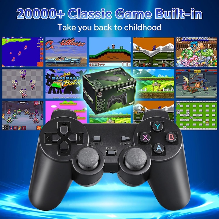 Consola jocuri video retro, Suness, 4K HDMI, 20000+ jocuri, 2 controlere wireless 2.4G, cu 9 Emulatoare Clasice, 64GB, Negru, Plug si Play, Pentru TV, Proiector, Monitor