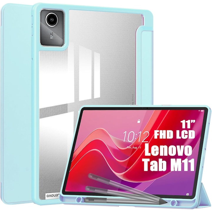 Husa premium pentru Lenovo Tab M11 2024 (TB-330FU/TB-330XU/TB-331FC), 11", Sigloo, interior de piele sintetica, suport Smart Pen, spatele din policarbonat transparent, rezistent la socuri, Blue