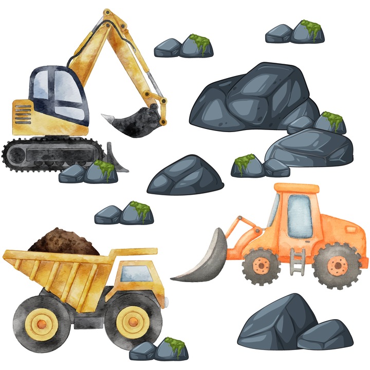 Set Autocolante Pentru Pereti In Camera Copiilor, Decowalls, Masini De Constructie, 50x100 cm, Folie Autocolanta Mata, Cernele Ecologice, Utilizare: Pereti, Oglinzi, Mobilier, Usor De Aplicat, Multicolor, 1 Set