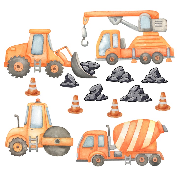 Set Autocolant Pentru Pereti In Camera Copiilor, Decowalls, Excavator, 50x100 cm, Folie Autocolanta Mata, Cerneala Ecologica, Utilizare: Pereti, Oglinzi, Mobilier, Usor De Aplicat, Multicolor, 1 Set