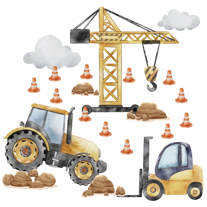 Комплект стикери за стена за детски стаи, Decowalls, Кран, 50x100 см, Матово самозалепващо фолио, Екологични мастила, Употреба: Стени, Огледала, Мебели, Лесни за поставяне, Многоцветни, 1 комплект