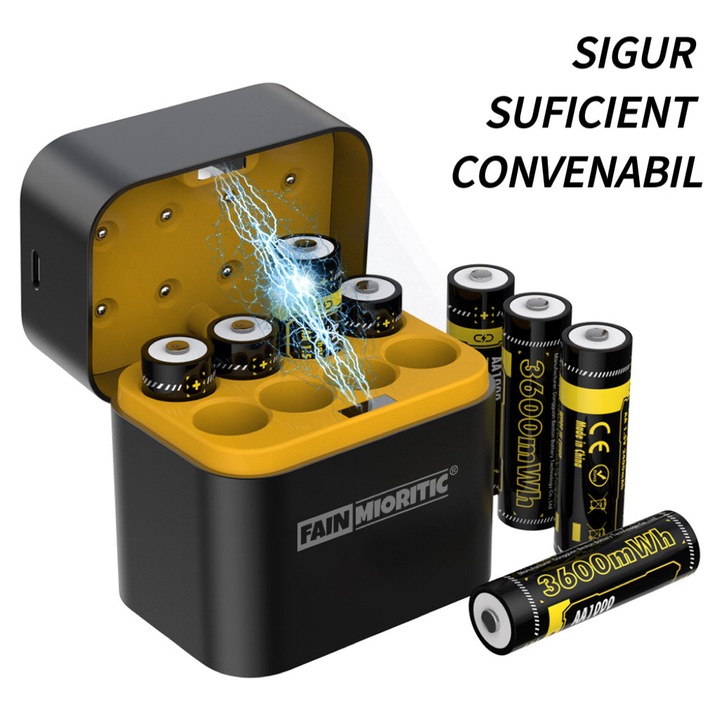 Integrált gyorstöltő doboz, 8 db AA újratölthető lítium elem és gyorstöltő készlet, Elemek, 1,5 V-os AA újratölthető akkumulátor, 3600 mWh, Több mint 1000 ciklus élettartama