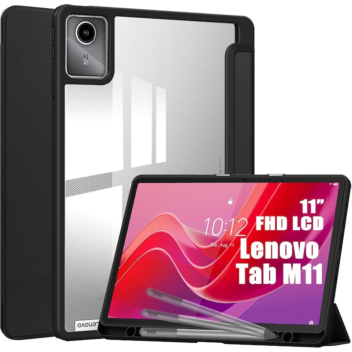 Husa premium Sigloo pentru Lenovo Tab M11, suport Smart Pen, piele sintetică, policarbonat transparent, Black, 11"