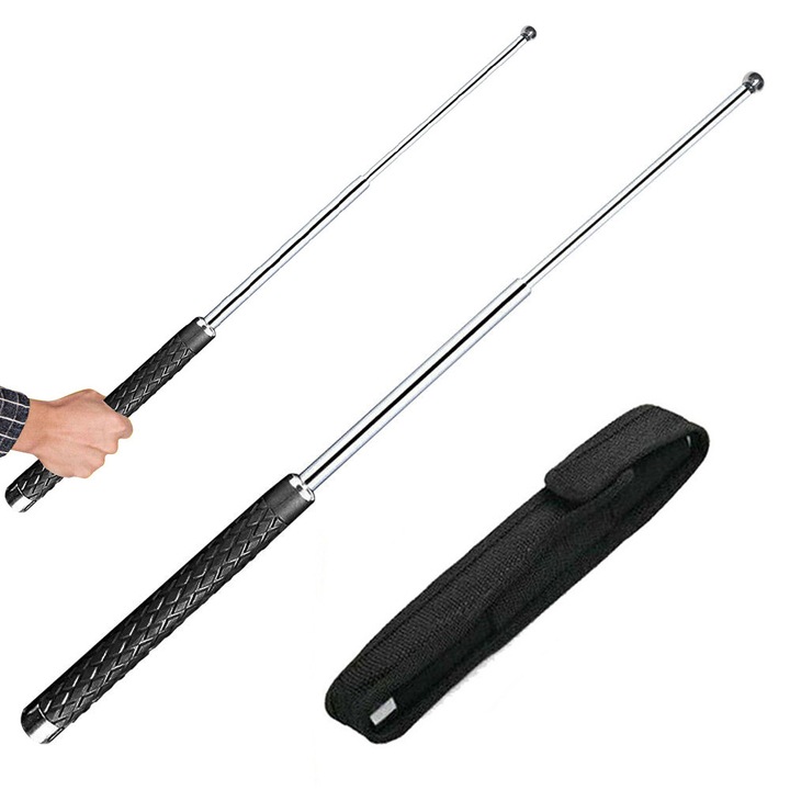 Baston Retractabil Autoaparare, Suness, Telescopic 65cm, otel aliat, Negru, cu maner anti-derapant, cu Geanta de stocare