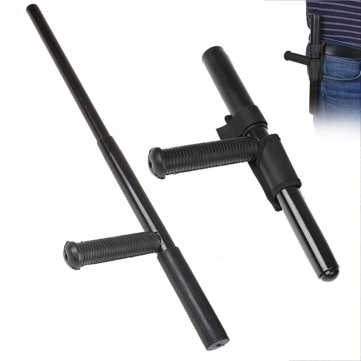 Прибираща се палка за самозащита, телескопична 33-62 см, закалена стомана, черна, с неплъзгаща се гумена дръжка, с чанта за съхранение